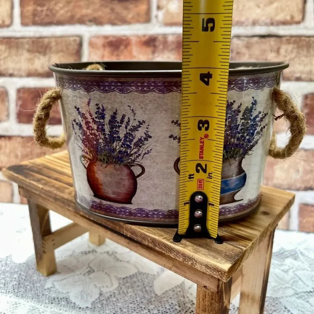 Rustic French Country Style Oval Metal Bucket Planter Lavender Floral & Rope Han